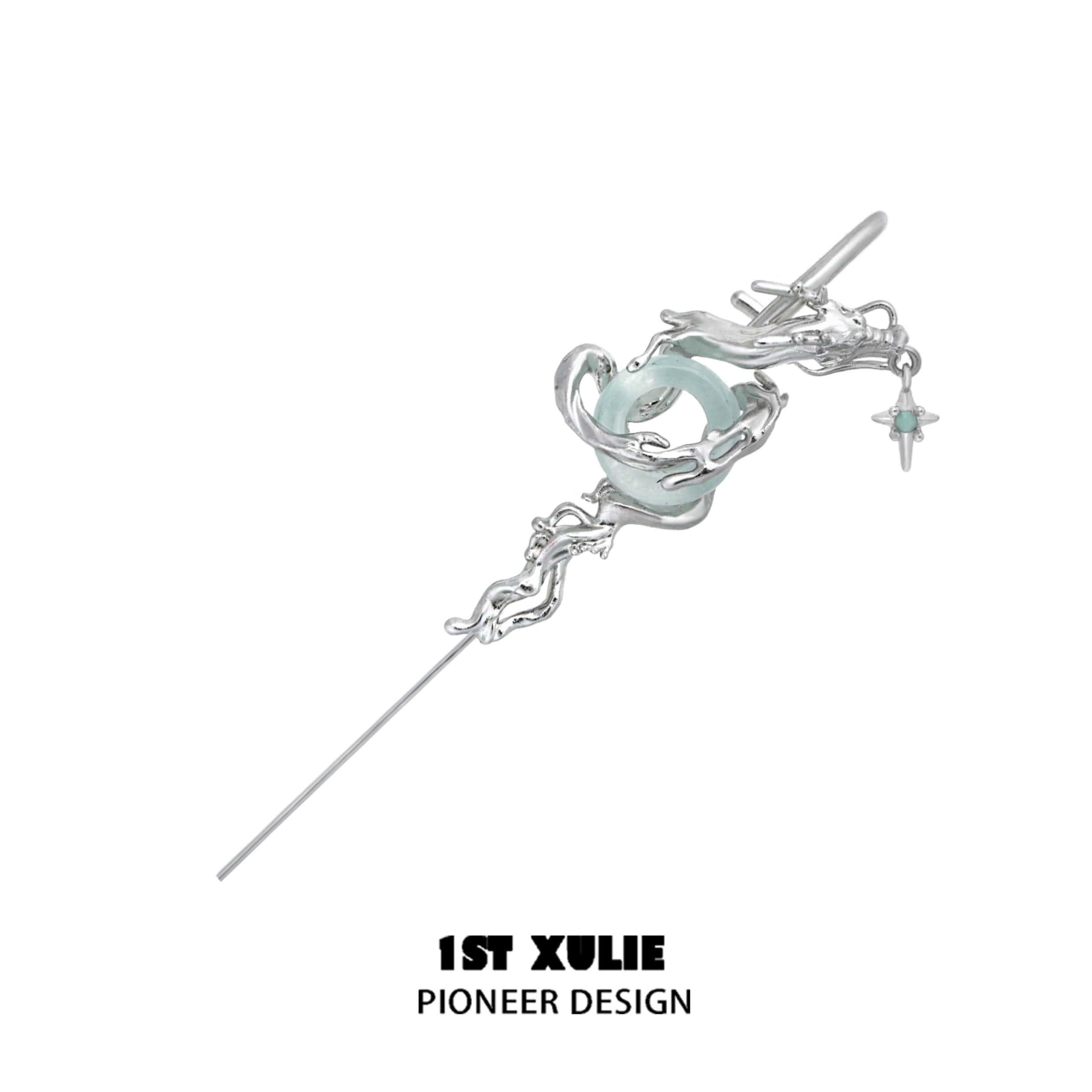 1ST XULIE "Loong" Statement Abstract Dragon Jade Dangle Earrings in Platinum Plated - Product View