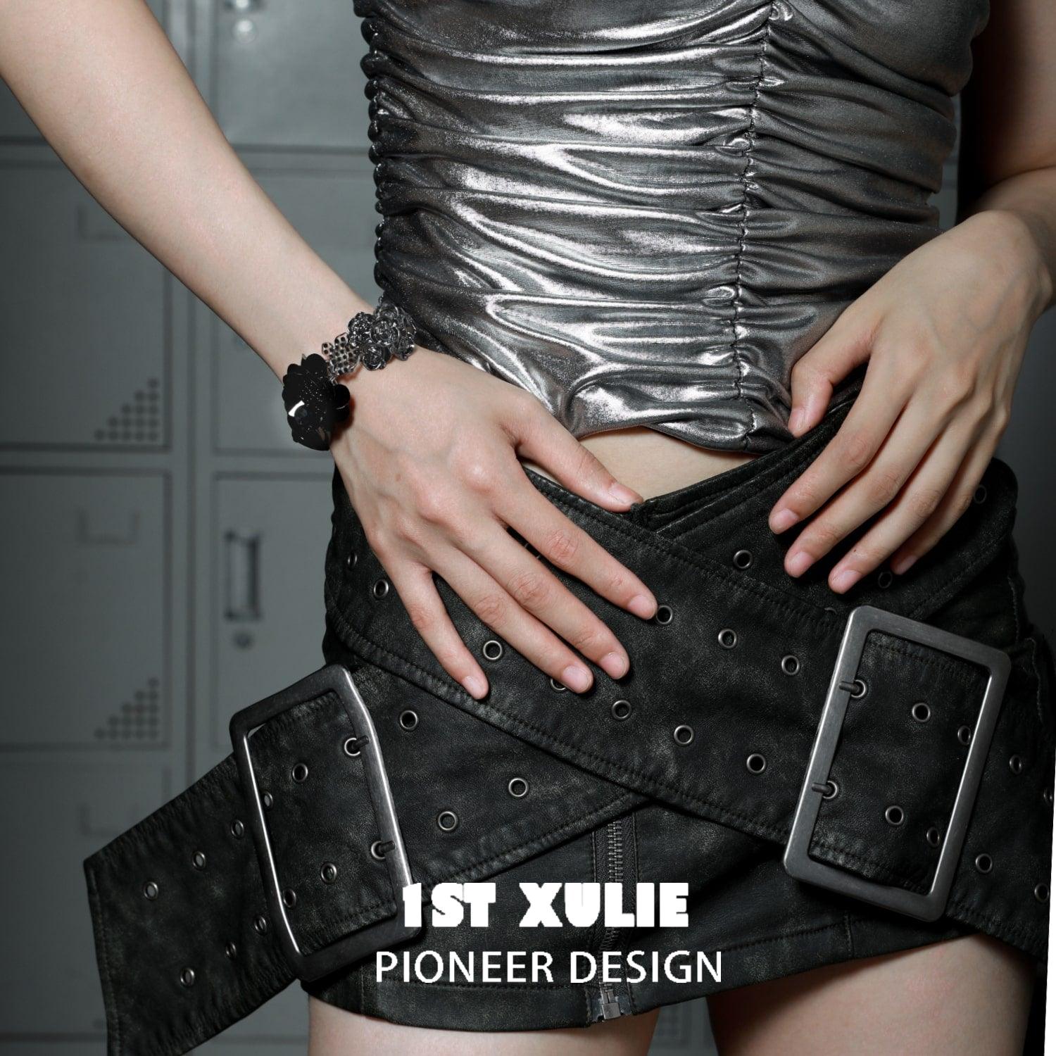 1ST XULIE "Taboo Rose" Acrylic Rose Button Bracelet in Platinum Plated Brass - Side View