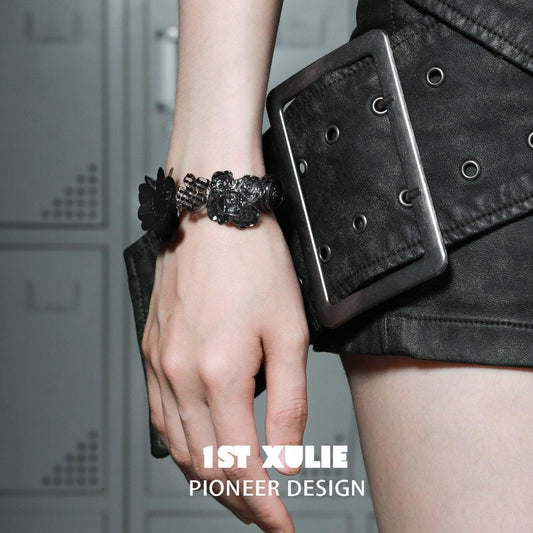 1ST XULIE "Taboo Rose" Acrylic Rose Button Bracelet in Platinum Plated Brass - On Model