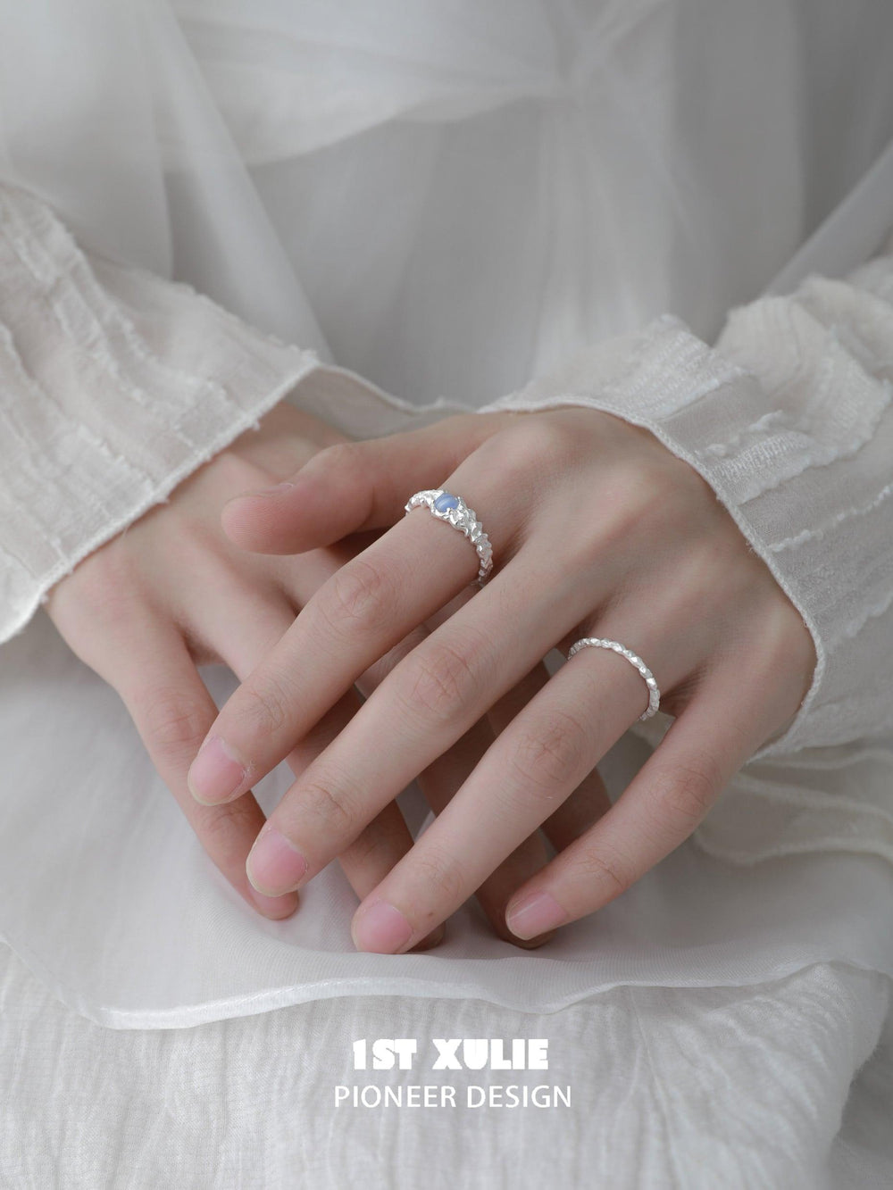 1ST XULIE "Blue Sky" Adjustable Blue Vein Gemstone Ring in 925 Sterling Silver - Side View