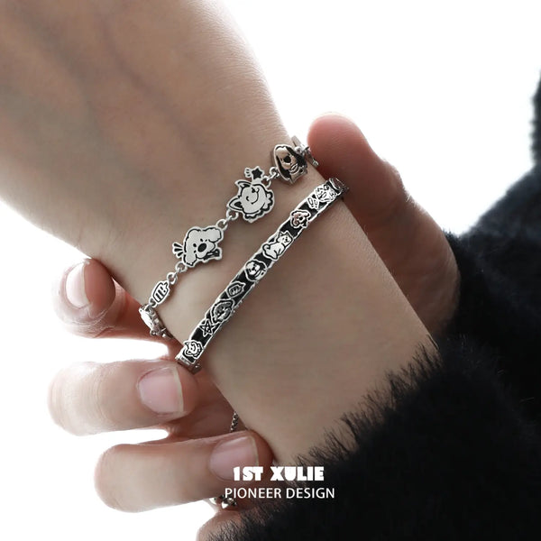 "Graffiti Puppy" 925 Sterling Silver Adjustable Charm Puppy Bangle Bracelet