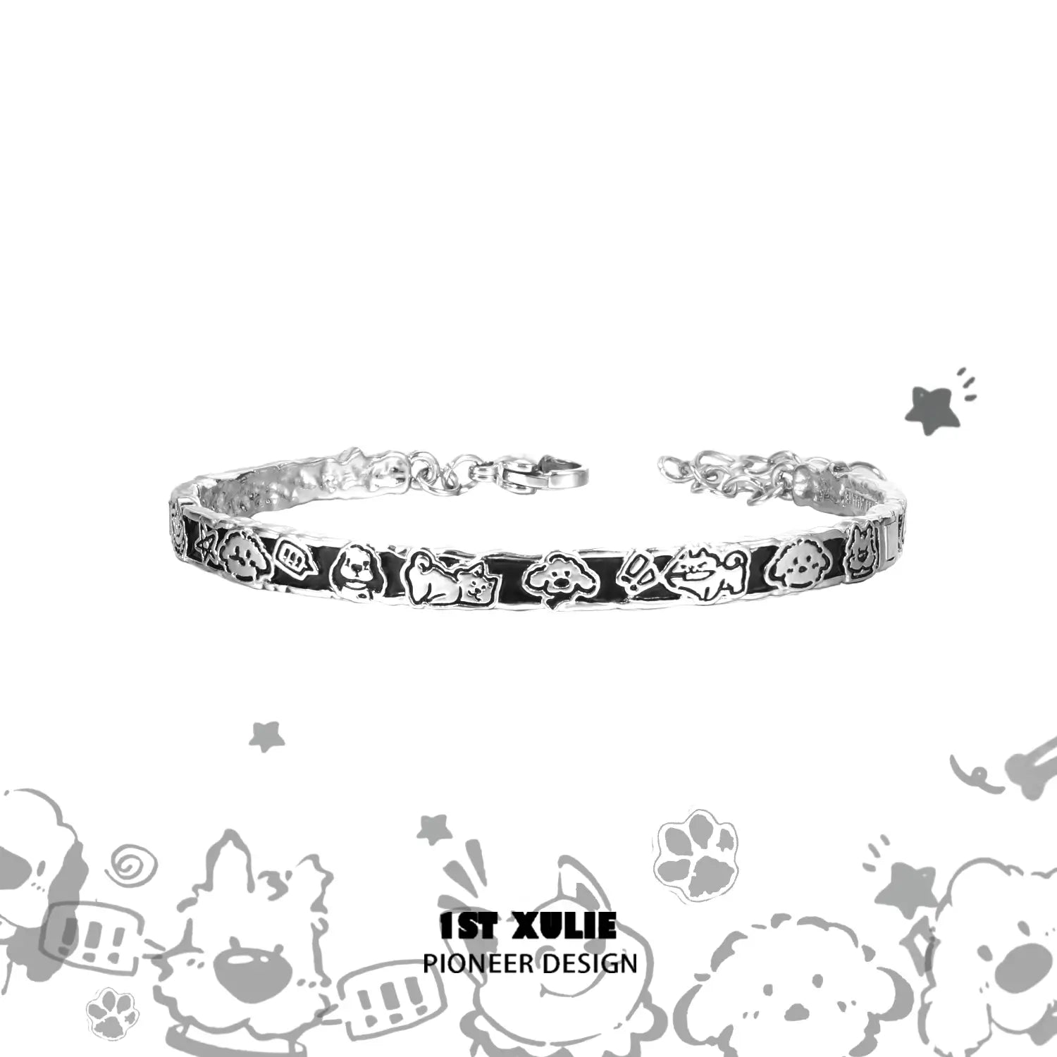 1ST XULIE "Graffiti Puppy" Adjustable Charm Puppy Bangle Bracelet in 925 Sterling Silver - Product View
