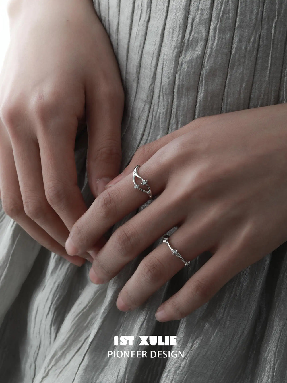 1ST XULIE "Star Trails" Adjustable Double Star Openwork Ring in 925 Sterling Silver - Lifestyle Shot