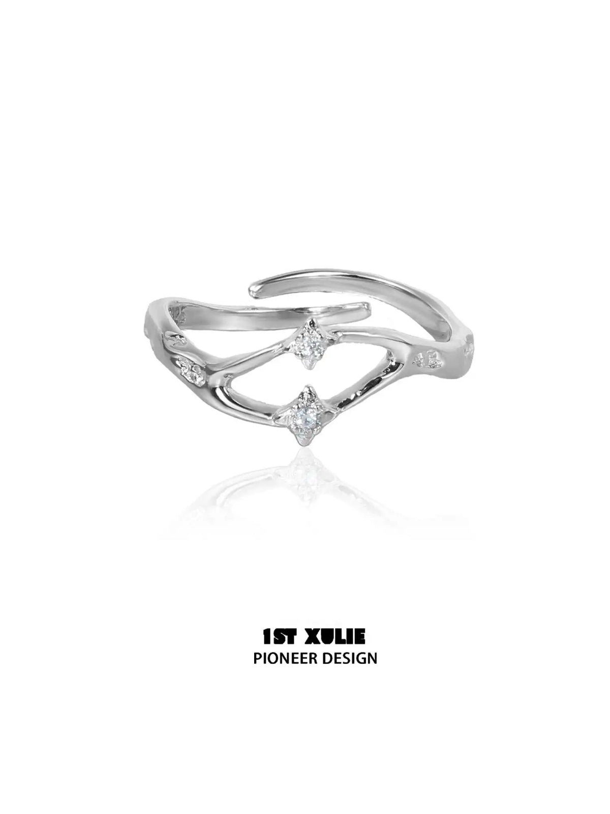 1ST XULIE "Star Trails" Adjustable Double Star Openwork Ring in 925 Sterling Silver - Product View