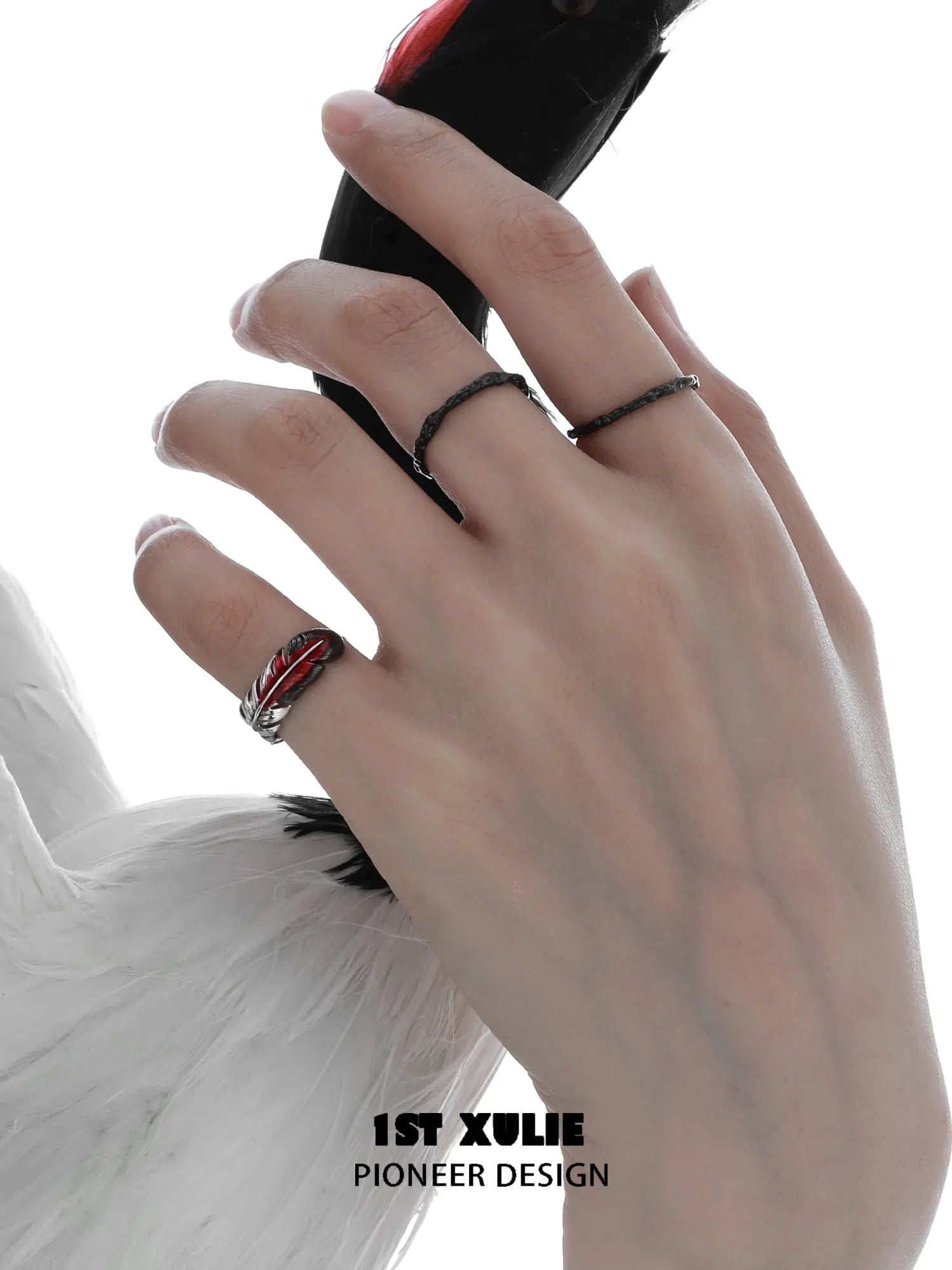 1ST XULIE Jewelry "Soaring Cranes" Adjustable Enamel Crane Pinky Ring in 925 Sterling Silver - Angle View
