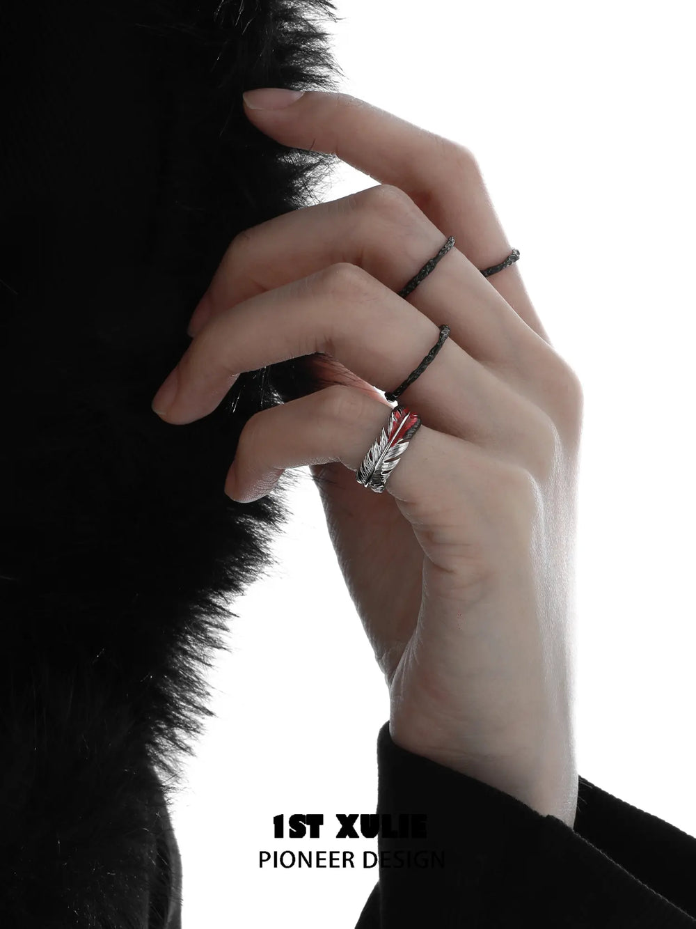 1ST XULIE Jewelry "Soaring Cranes" Adjustable Enamel Crane Pinky Ring in 925 Sterling Silver - Lifestyle Shot