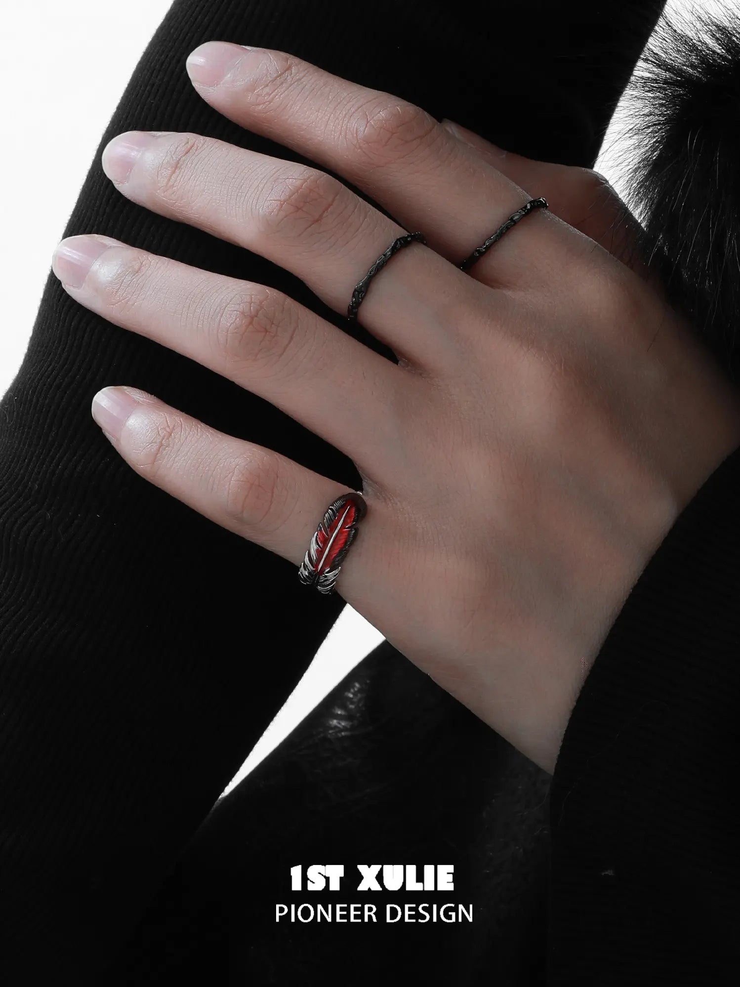 1ST XULIE Jewelry "Soaring Cranes" Adjustable Enamel Crane Pinky Ring in 925 Sterling Silver - On Model