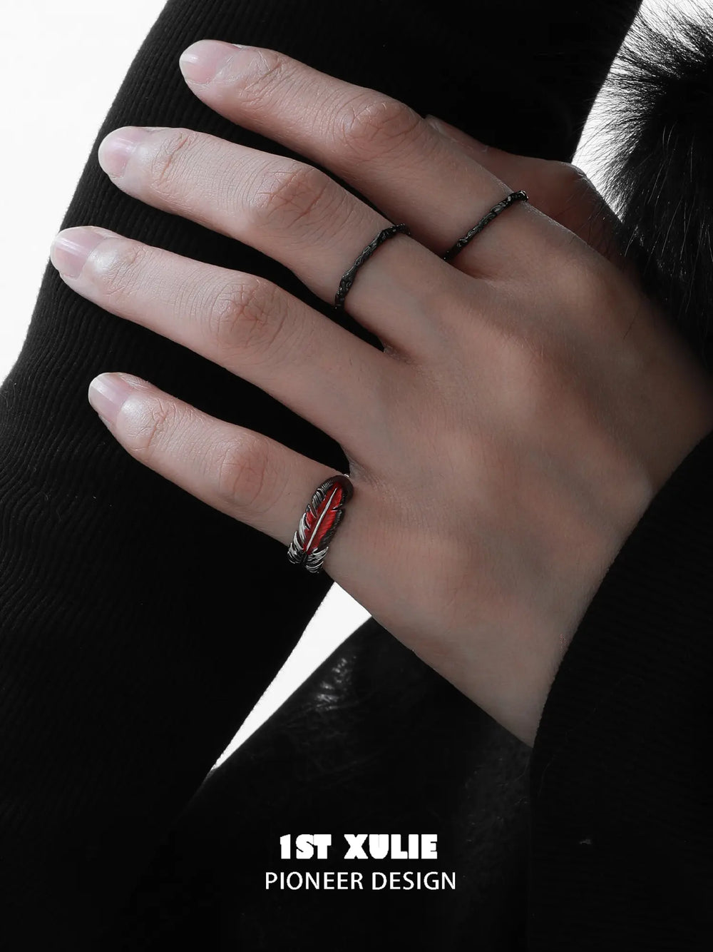 1ST XULIE Jewelry "Soaring Cranes" Adjustable Enamel Crane Pinky Ring in 925 Sterling Silver - On Model