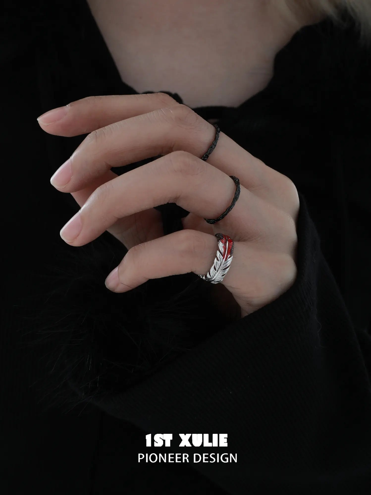1ST XULIE Jewelry "Soaring Cranes" Adjustable Enamel Crane Pinky Ring in 925 Sterling Silver - On Model Close Up