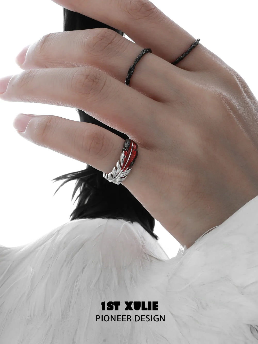 1ST XULIE Jewelry "Soaring Cranes" Adjustable Enamel Crane Pinky Ring in 925 Sterling Silver - Side View