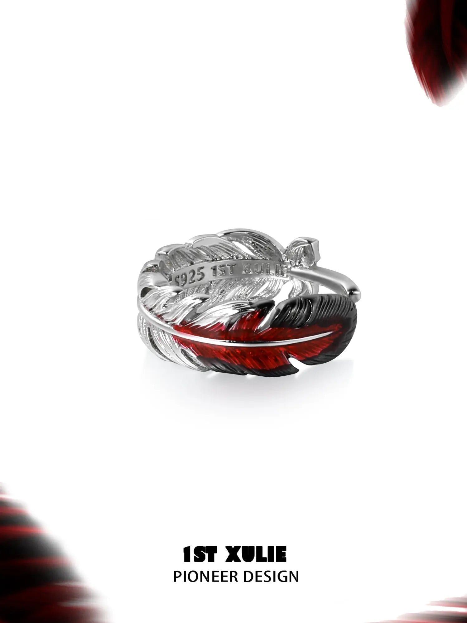 1ST XULIE Jewelry "Soaring Cranes" Adjustable Enamel Crane Pinky Ring in 925 Sterling Silver - Texture Detail