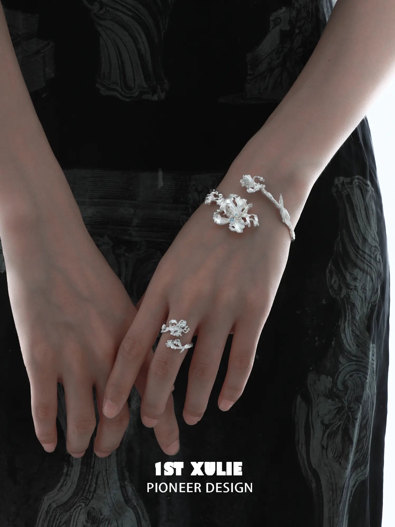 1ST XULIE Jewelry "Irises" Adjustable Floral Blue Iris Ring in 925 Sterling Silver - Angle View 1
