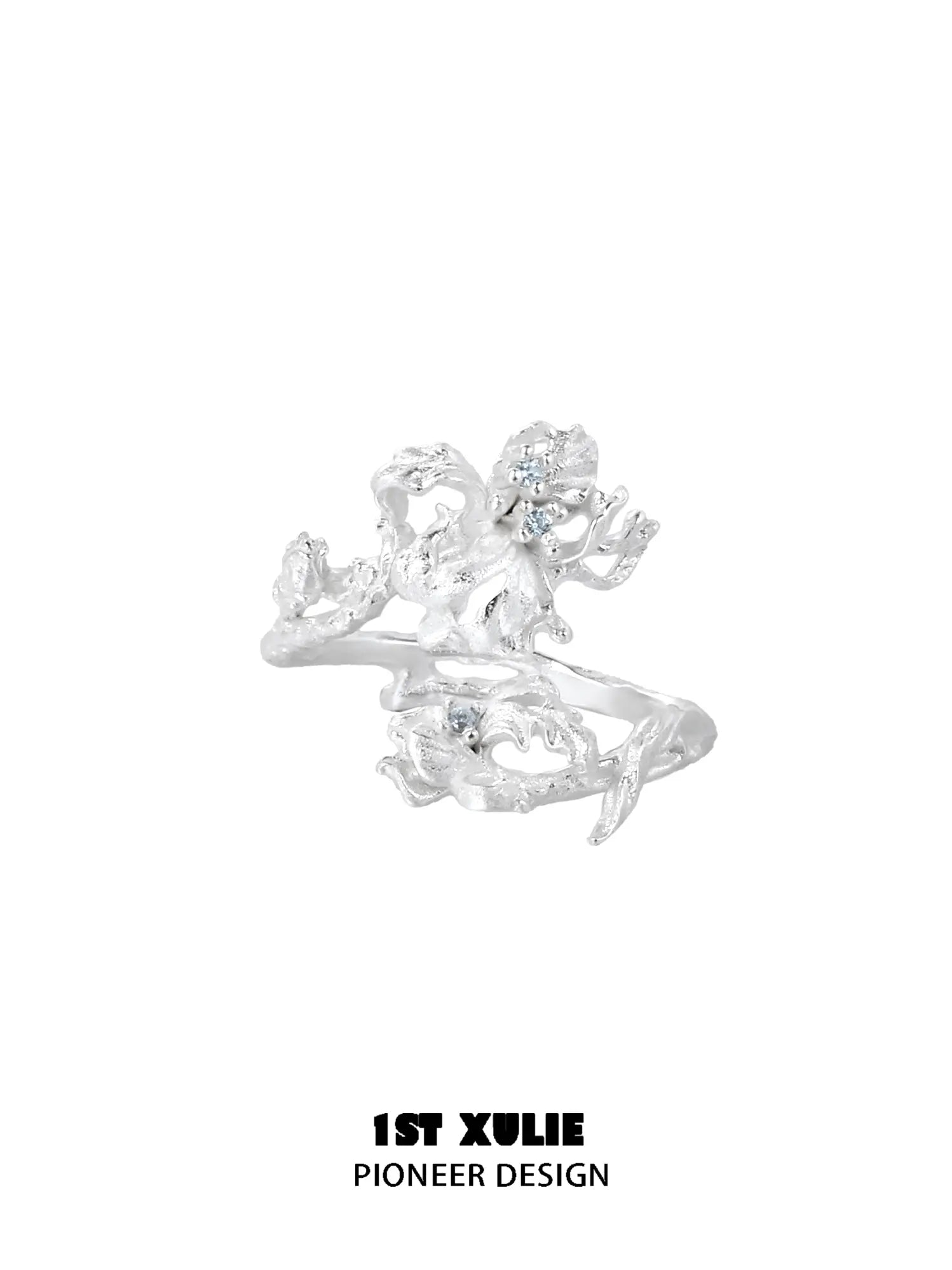 1ST XULIE Jewelry "Irises" Adjustable Floral Blue Iris Ring in 925 Sterling Silver - Detail Shot