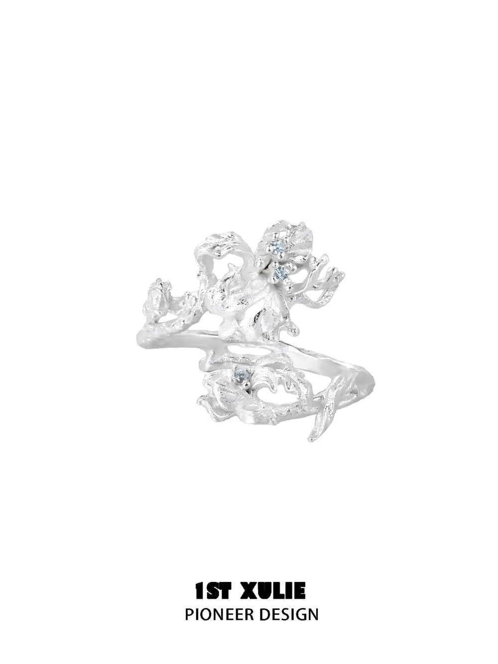 1ST XULIE Jewelry "Irises" Adjustable Floral Blue Iris Ring in 925 Sterling Silver - Detail Shot