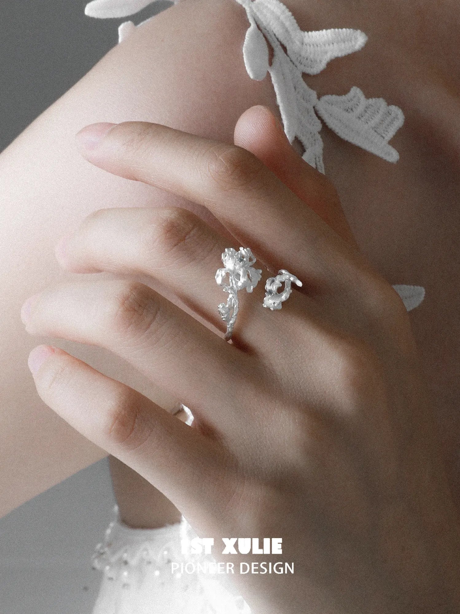 1ST XULIE Jewelry "Irises" Adjustable Floral Blue Iris Ring in 925 Sterling Silver - On Model