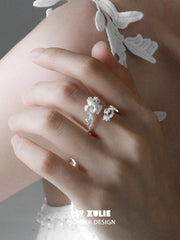1ST XULIE Jewelry "Irises" Adjustable Floral Blue Iris Ring in 925 Sterling Silver - On Model