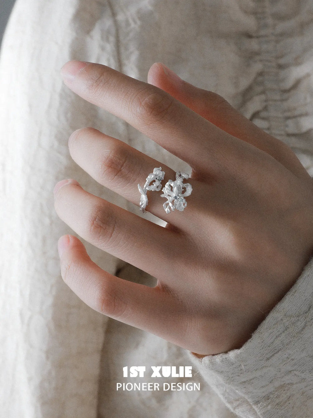 "Irises" 925 Sterling Silver Adjustable Floral Blue Iris Ring - Image 12