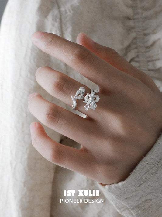 "Irises" 925 Sterling Silver Adjustable Floral Blue Iris Ring - Image 12