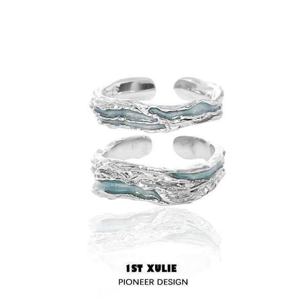 "THE SEA" 925 Sterling Silver Adjustable Ocean Wave Couple's Rings, Promise Bands