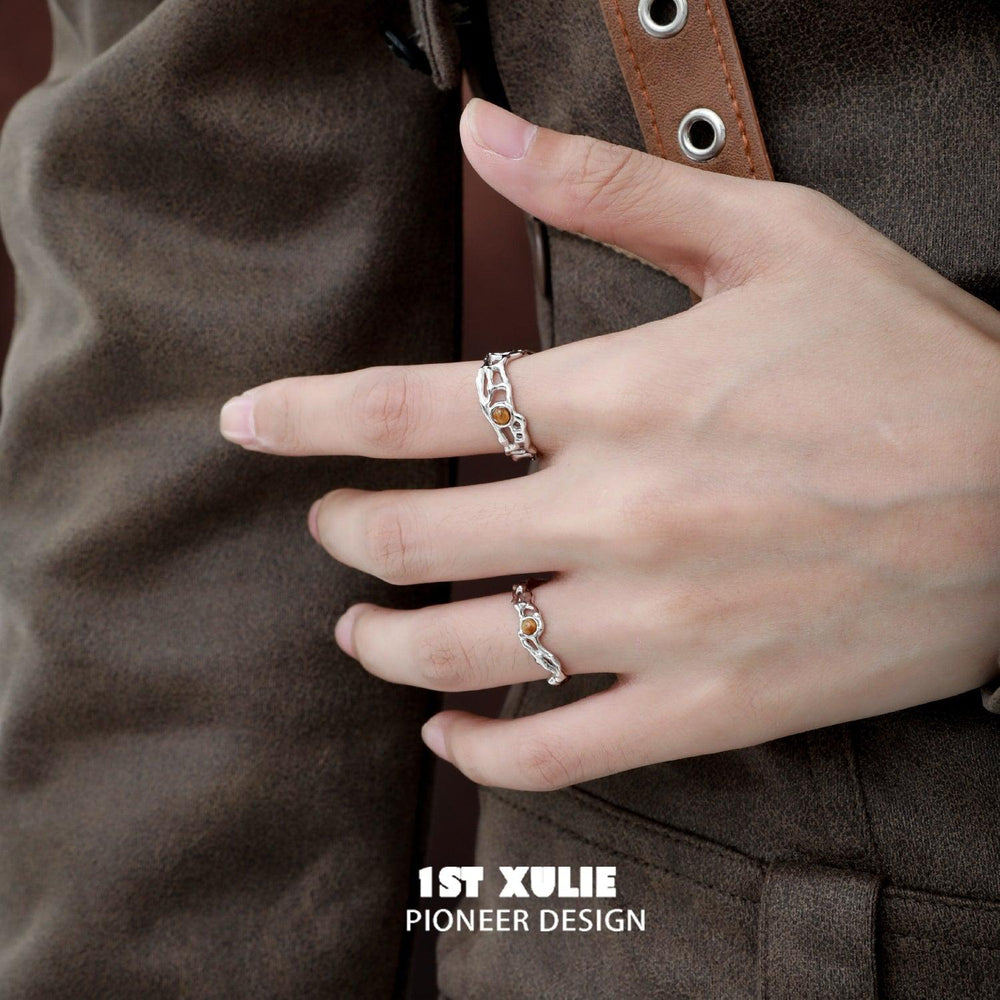 1ST XULIE "Desert Sunset" Adjustable Tiger's Eye Open Ring in 925 Sterling Silver - Side View