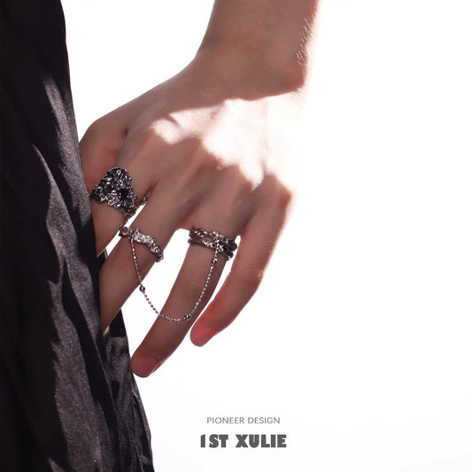 1ST XULIE "Daybreak" Adjustable Zircon Chain Connected Rings in 925 Sterling Silver - On Model