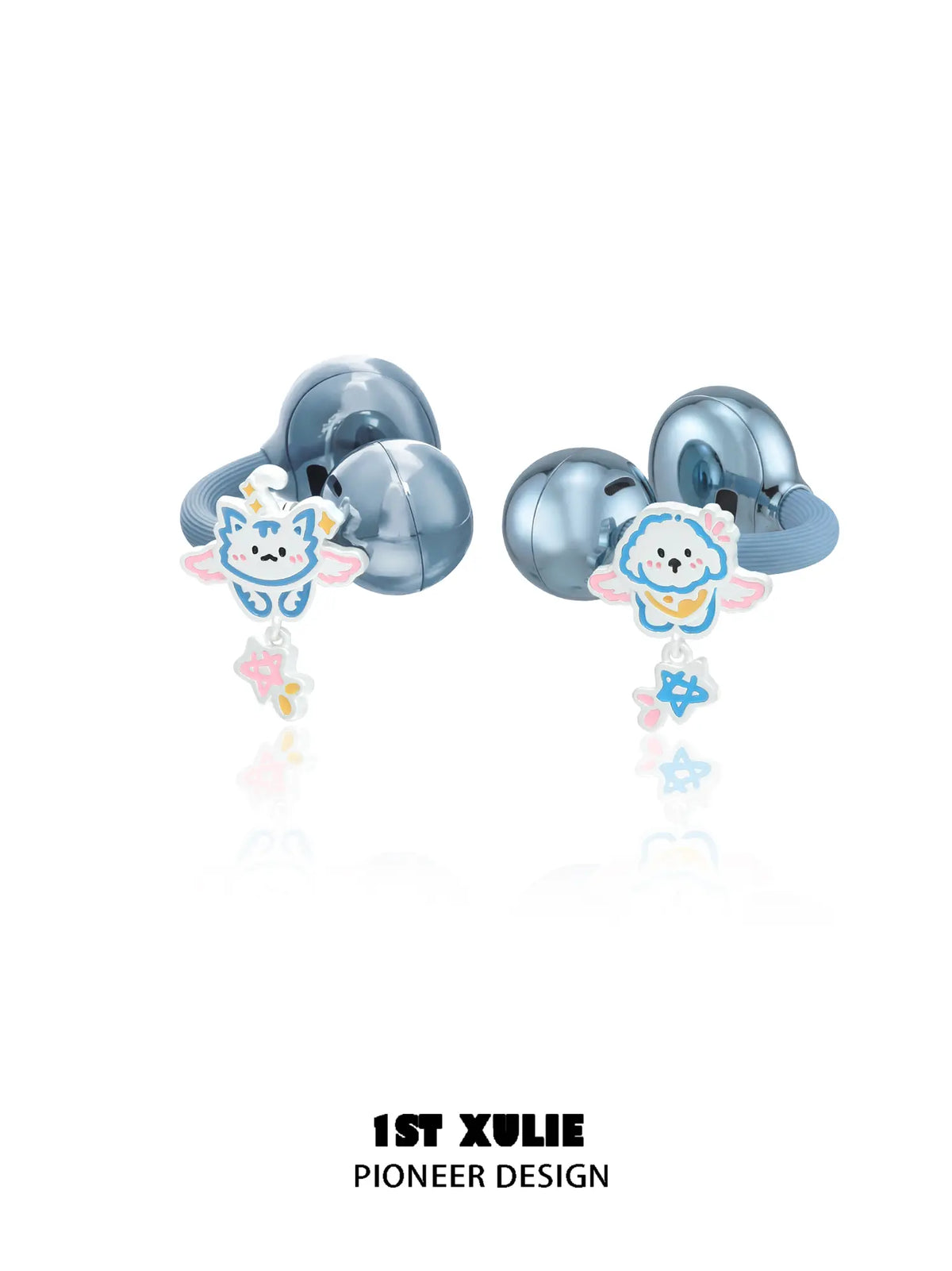 1ST XULIE Jewelry "Angel Cuties" Angel Cat & Dog Earphone Charms in Rhodium Plated Brass - Angle View