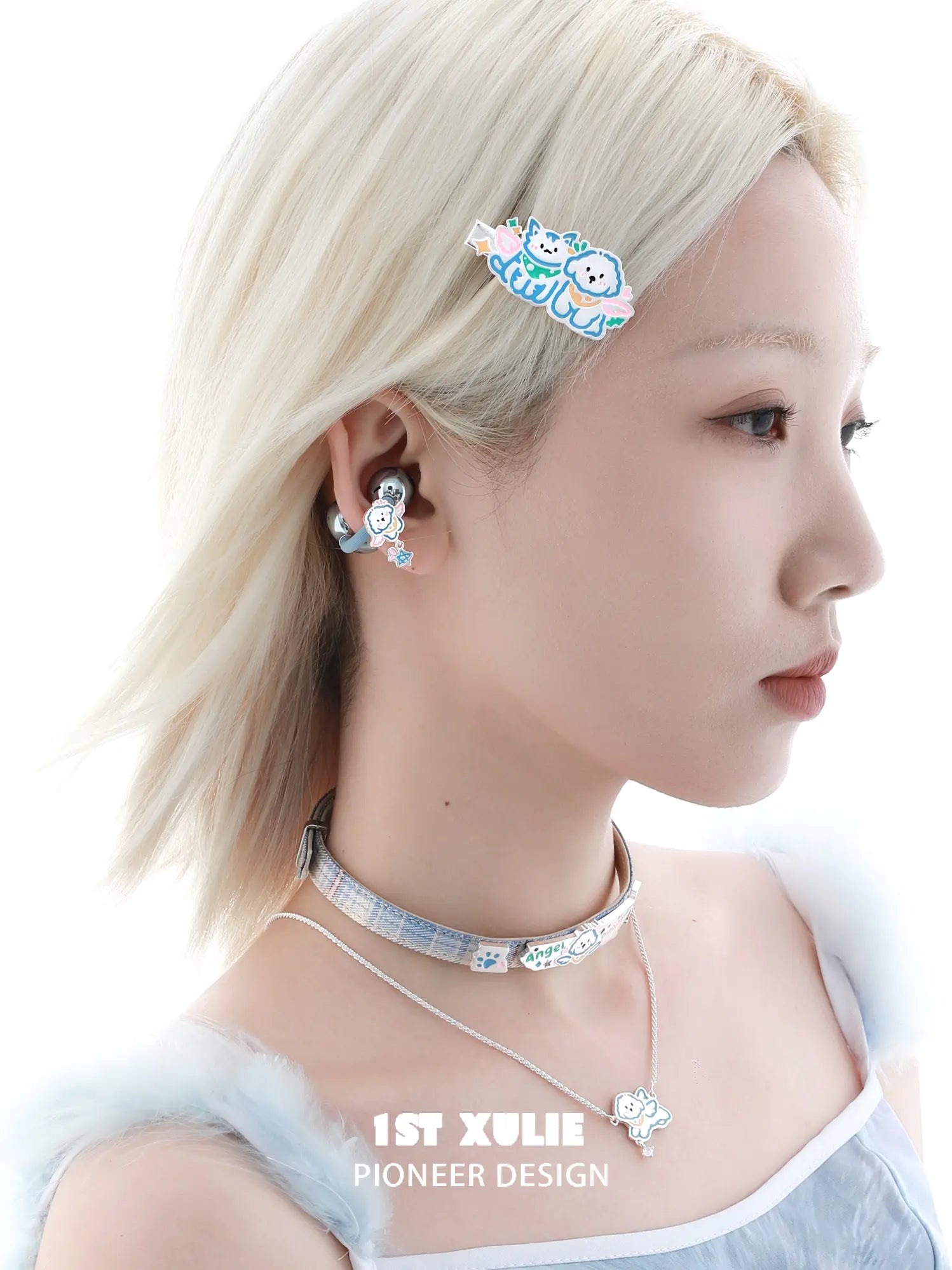 1ST XULIE Jewelry "Angel Cuties" Angel Cat & Dog Earphone Charms in Rhodium Plated Brass - Detail Shot