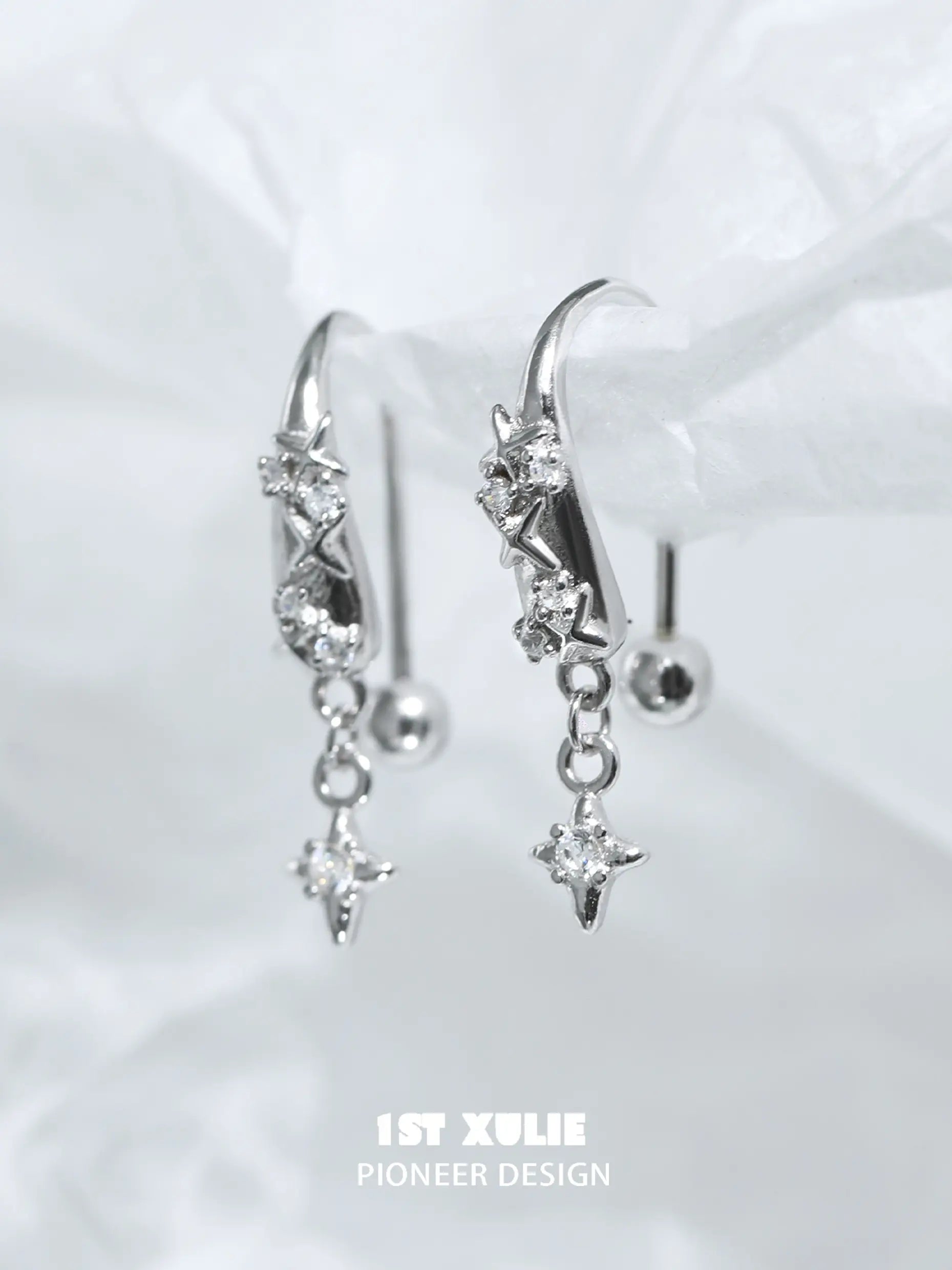 1ST XULIE "Silver Angel" Dainty Zirconia Angel Wing Dangle Earrings in 925 Sterling Silver - On Model Close-Up