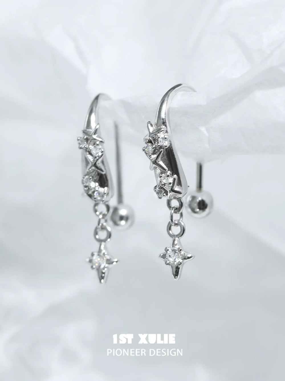 1ST XULIE "Silver Angel" Dainty Zirconia Angel Wing Dangle Earrings in 925 Sterling Silver - On Model Close-Up