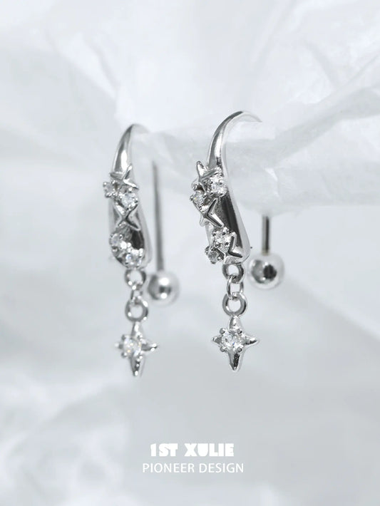 1ST XULIE "Silver Angel" Dainty Zirconia Angel Wing Dangle Earrings in 925 Sterling Silver - On Model Close-Up