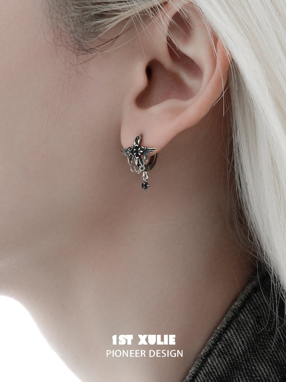 1ST XULIE "Irises" Vintage Angel Wing Huggie Hoop Drop Earrings in Oxidized Platinum Plated Brass - Detail Shot