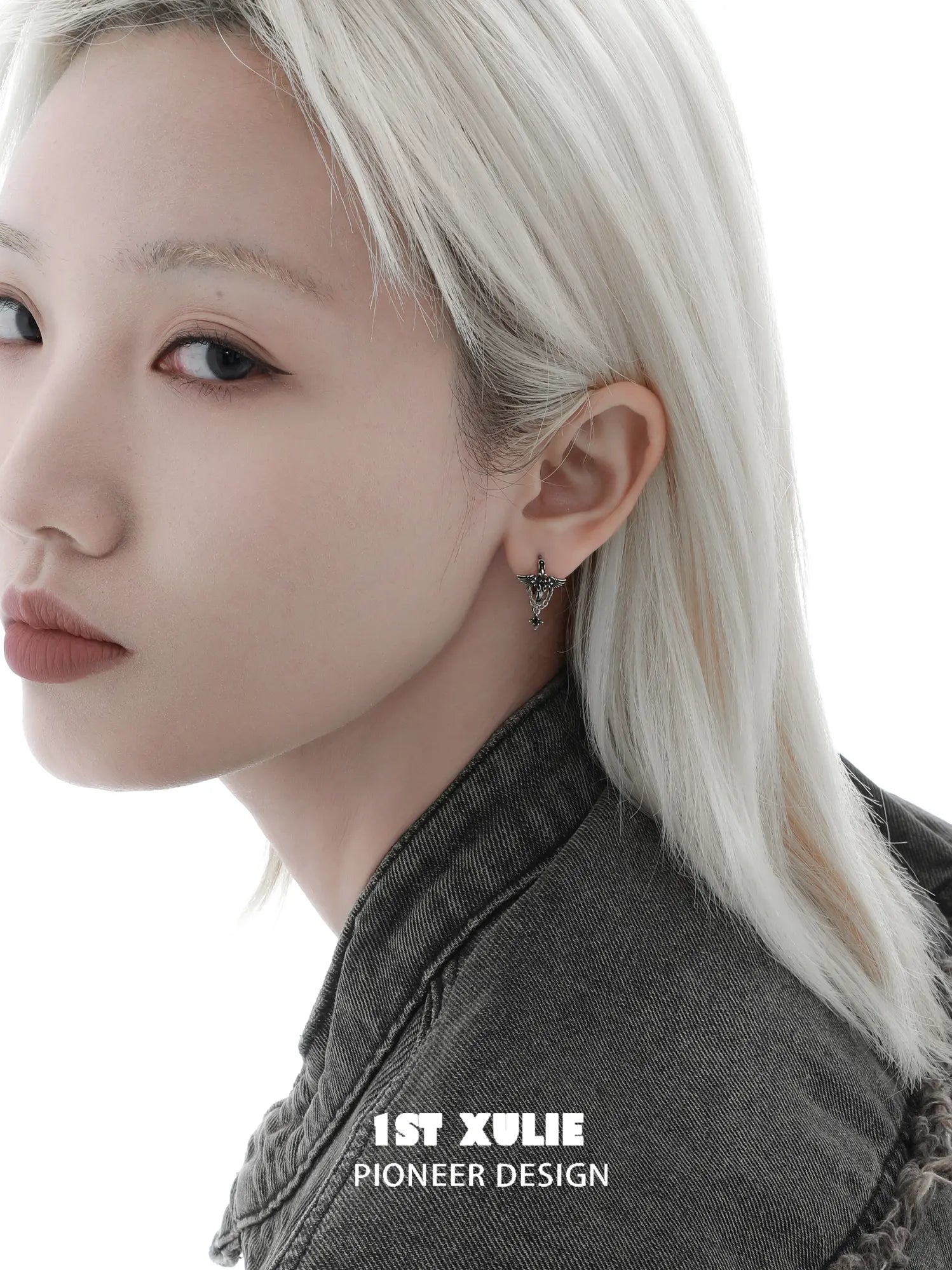 1ST XULIE "Irises" Vintage Angel Wing Huggie Hoop Drop Earrings in Oxidized Platinum Plated Brass - Product View