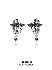 1ST XULIE "Irises" Vintage Angel Wing Huggie Hoop Drop Earrings in Oxidized Platinum Plated Brass - Texture Detail