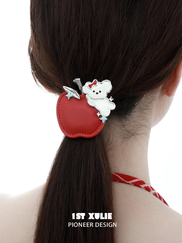 "Cuties' Appleland" Platinum Plated Whimsical Apple Puppy Braided Statement Slide-In Hair Clip