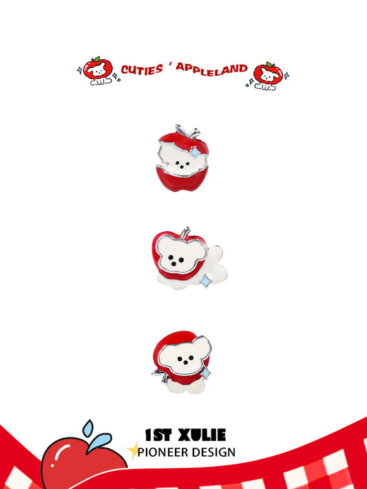 1ST XULIE "Cuties' Appleland" Asymmetrical Apple & Puppy Mismatched Stud Earrings in 925 Sterling Silver - Lifestyle Shot