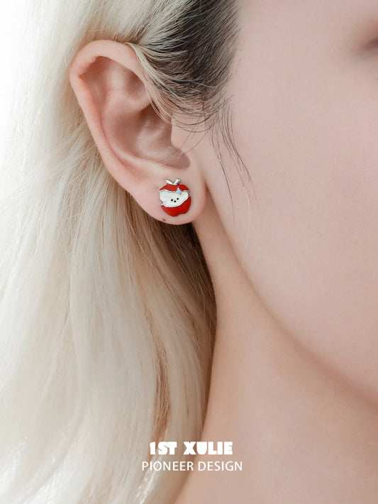 1ST XULIE "Cuties' Appleland" Asymmetrical Apple & Puppy Mismatched Stud Earrings in 925 Sterling Silver - Side View on Model