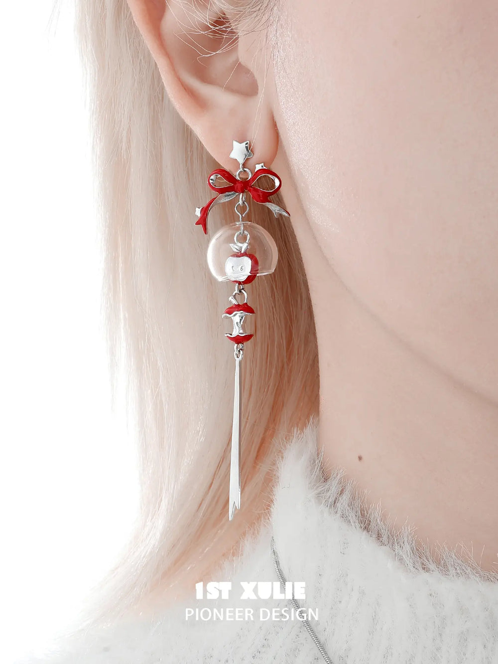 1ST XULIE Jewelry "Cuties' Appleland" Apple Wind Chime Statement Drop Earrings in Platinum Plated Brass - On Model