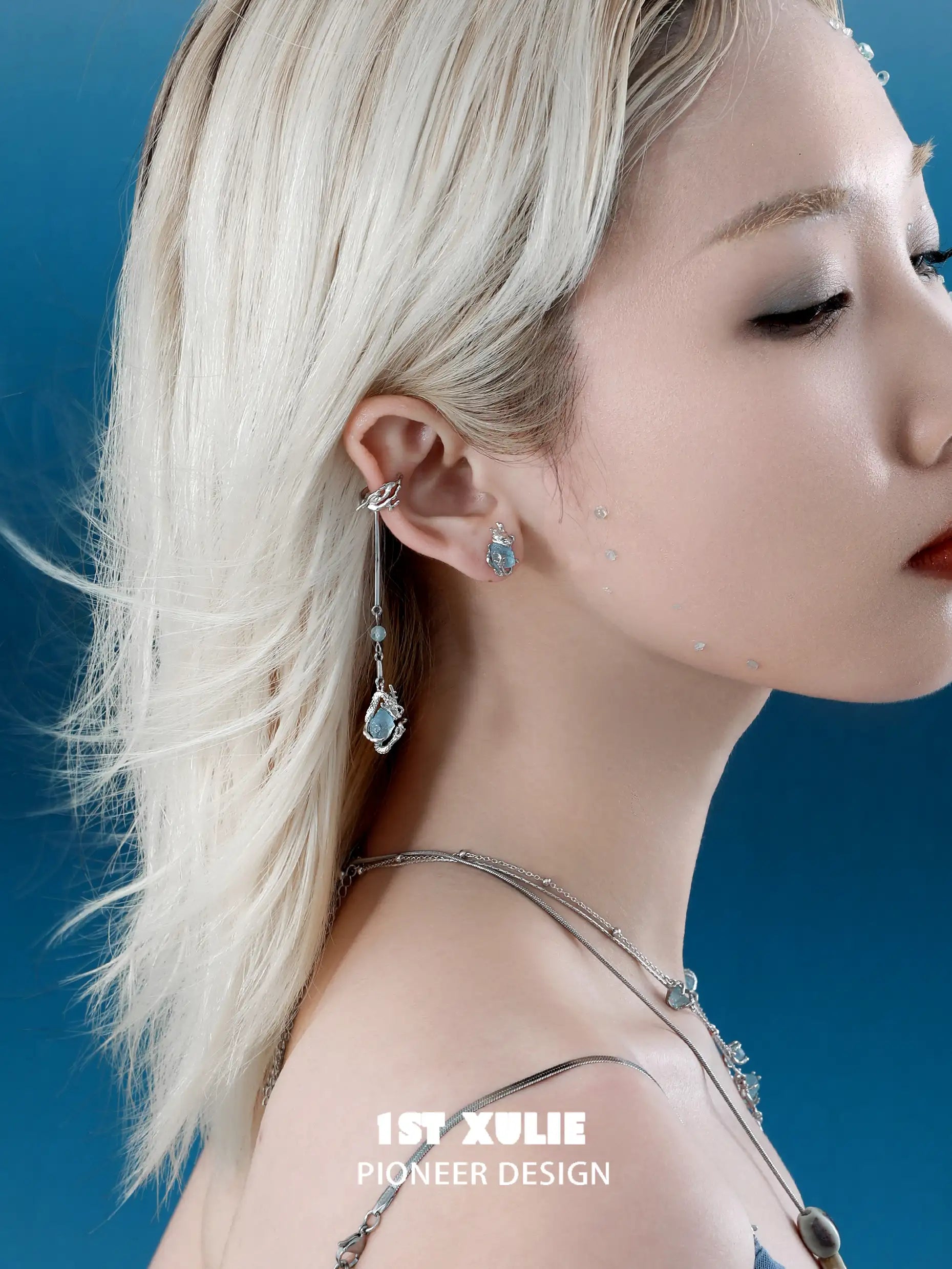 1ST XULIE "Loong-Ling" Aquamarine Dragon Scale Dangle Ear Cuffs in Platinum Plated - Lifestyle Shot