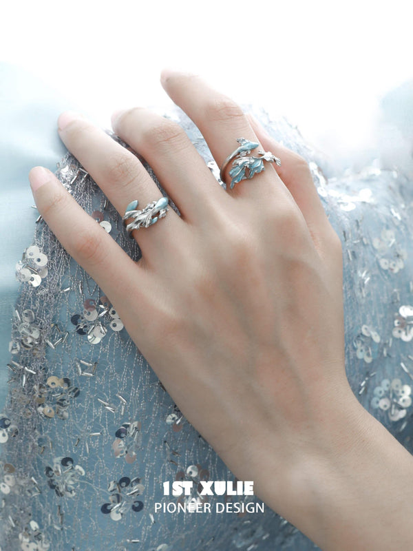 "The Sea" 925 Sterling Silver Adjustable Aquamarine Goldfish Statement Ring