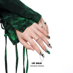 1ST XULIE "Slytherin House" Articulated Snake Armor Nail Rings in Platinum Plated Brass - Side View