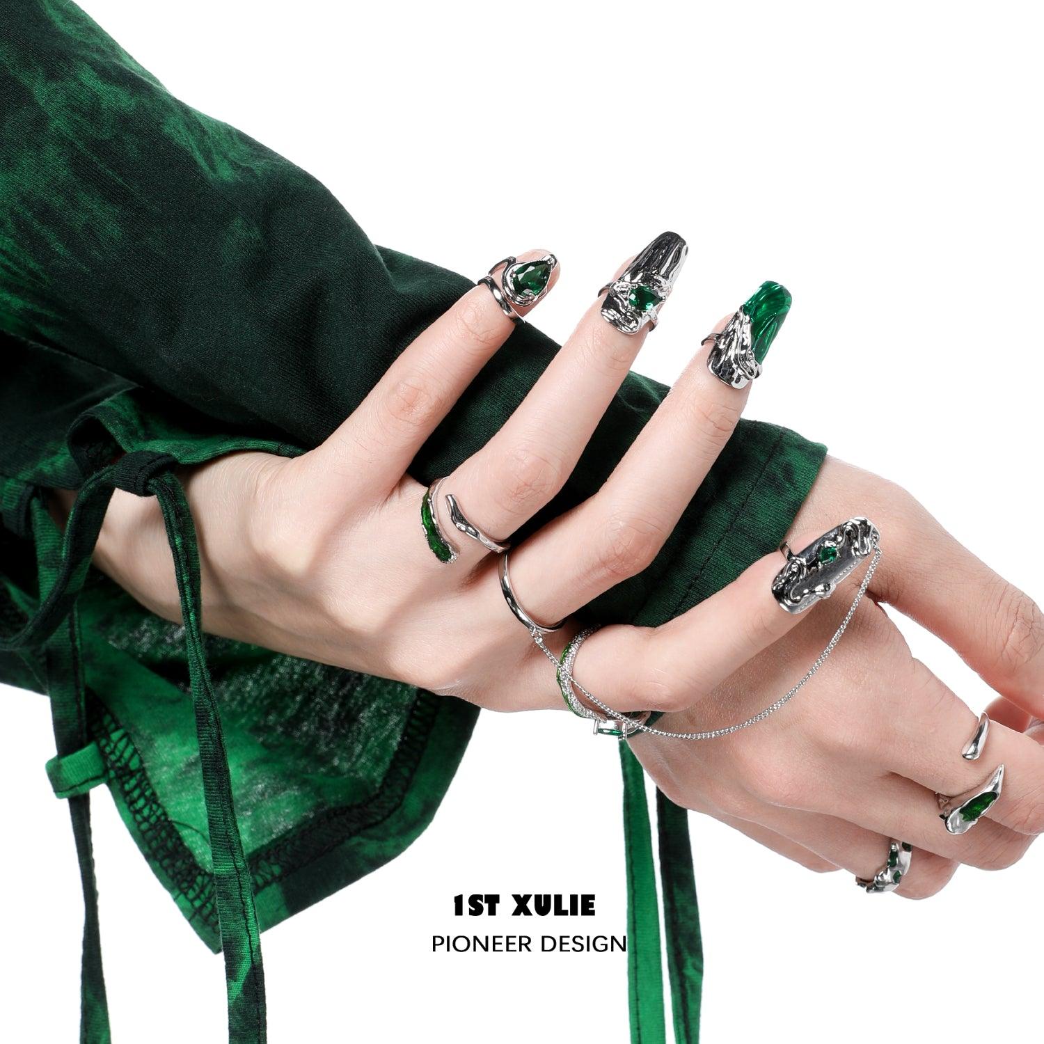 1ST XULIE "Slytherin House" Articulated Snake Armor Nail Rings in Platinum Plated Brass - Product View