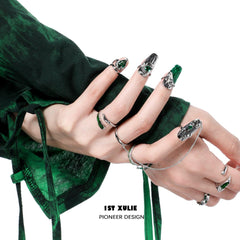 1ST XULIE "Slytherin House" Articulated Snake Armor Nail Rings in Platinum Plated Brass - Product View