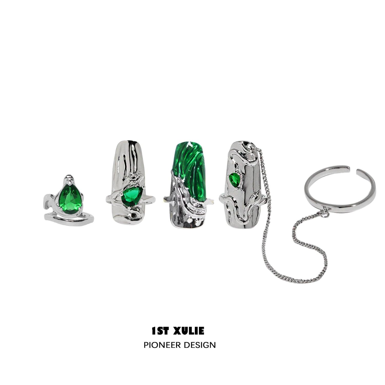 1ST XULIE "Slytherin House" Articulated Snake Armor Nail Rings in Platinum Plated Brass - On Model