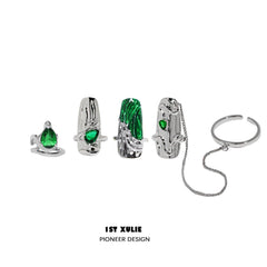 1ST XULIE "Slytherin House" Articulated Snake Armor Nail Rings in Platinum Plated Brass - On Model