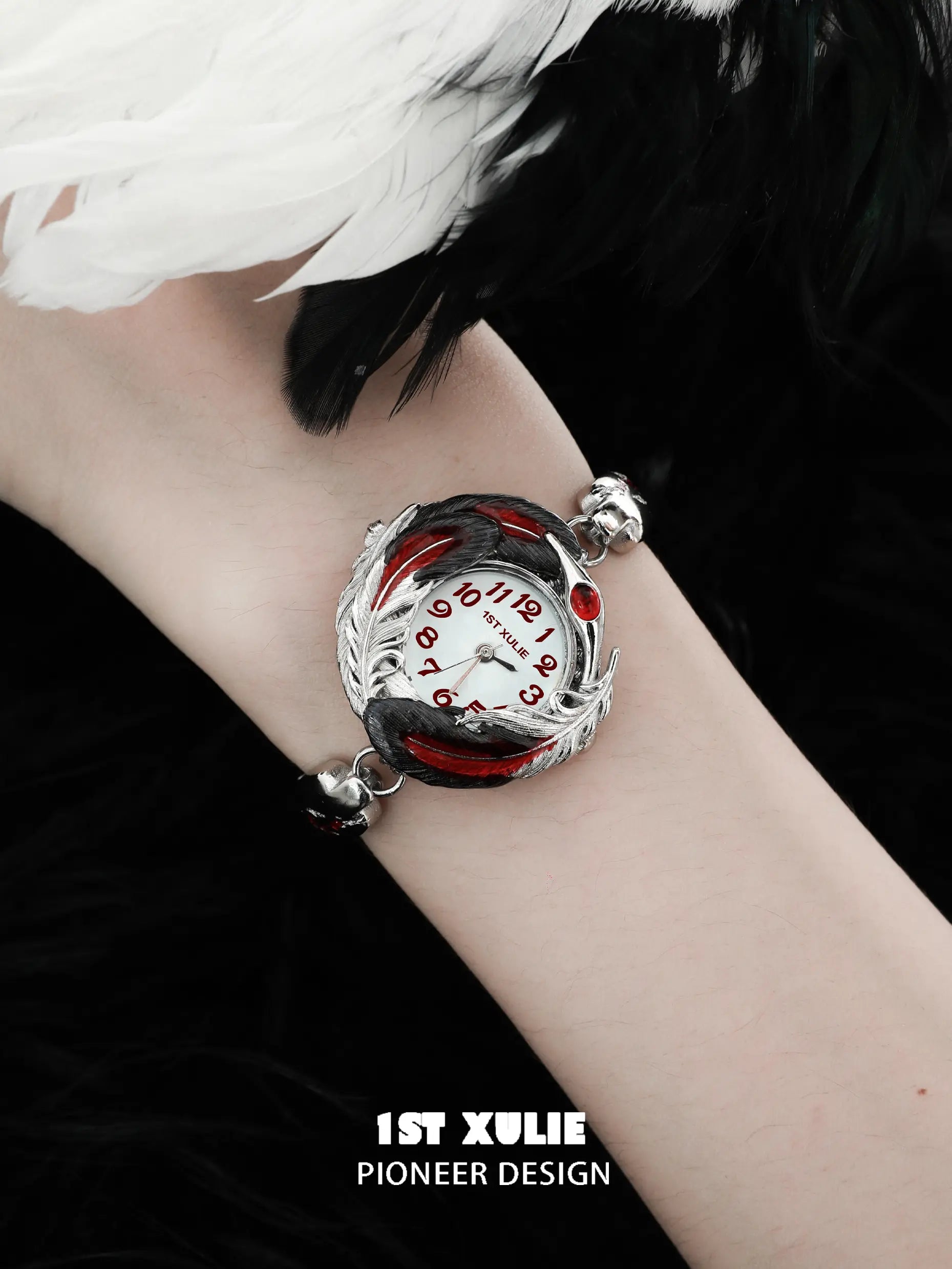 1ST XULIE "Soaring Cranes" Artistic Feather Watch in Platinum Plate - Detail Shot