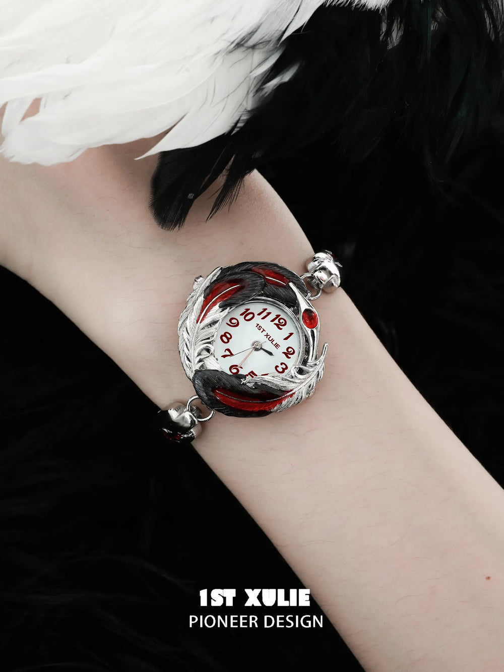 1ST XULIE "Soaring Cranes" Artistic Feather Watch in Platinum Plate - Detail Shot