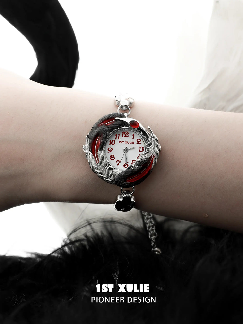 1ST XULIE "Soaring Cranes" Artistic Feather Watch in Platinum Plate - Side View