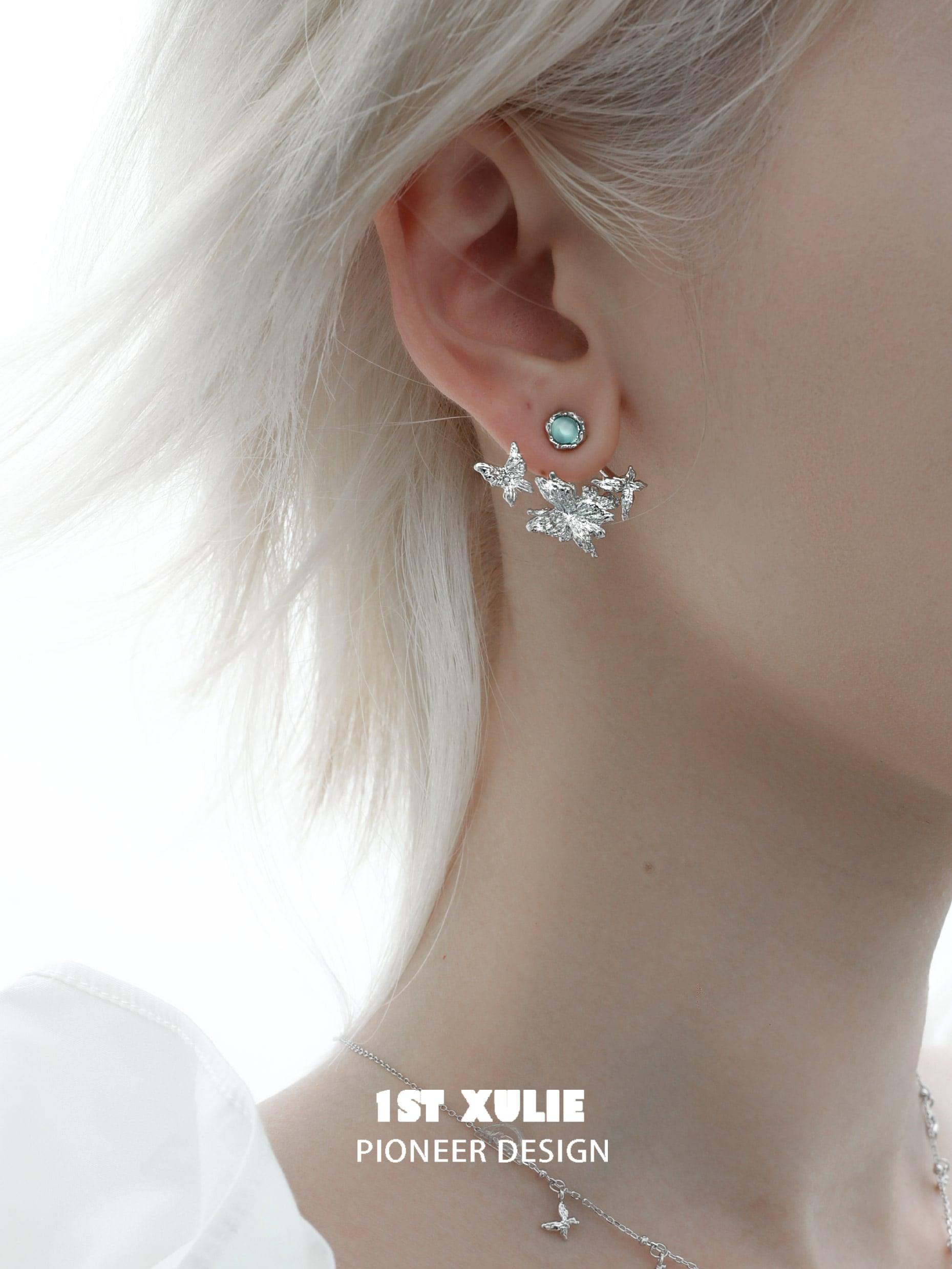 1ST XULIE "Whiterfly" Asymmetrical Butterfly Wing Stud Earrings in Platinum & 24K Gold - Product View
