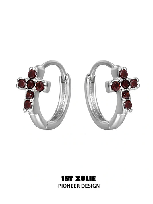 1ST XULIE "Snake Bite" Asymmetrical Cross Stud & Huggie Earrings in Platinum Plated 925 Sterling Silver - Detail Shot