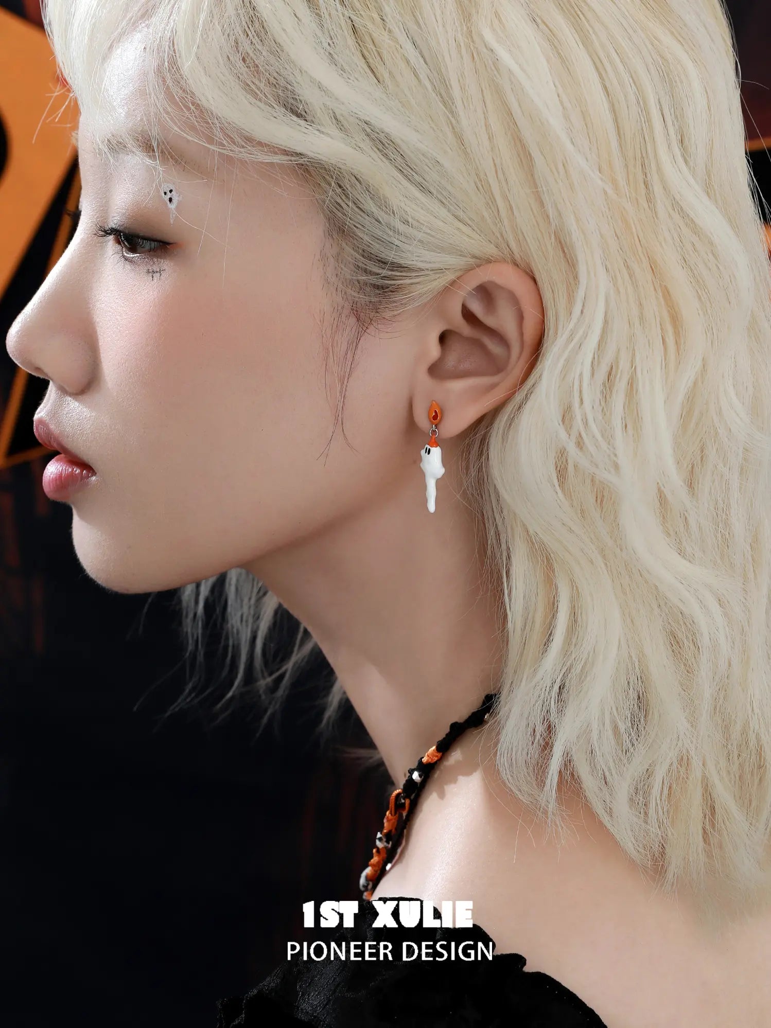 1ST XULIE "CANDLELIGHT GHOST" Asymmetrical Ghost Dangle Earrings in Platinum - Product View